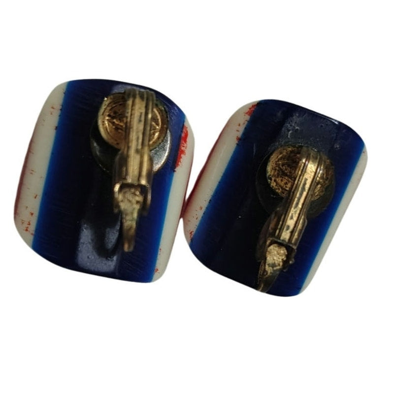 1980s Lucite Red White Blue Clip On Earrings Stacked Design [Vintage]