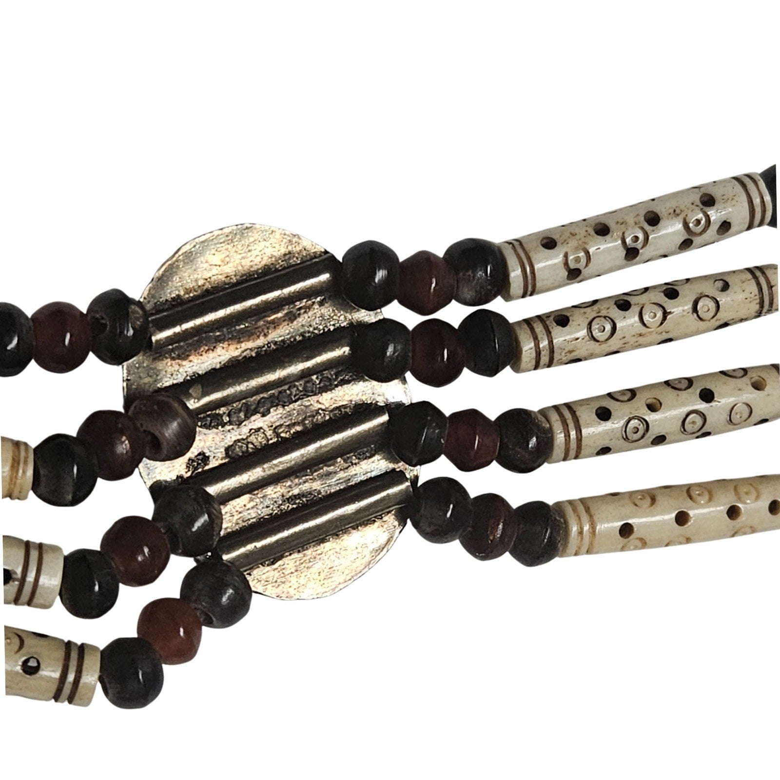 Natural Stone Bohemian Cabachon Concha Belt Carved Bone Beads Four Strands Small