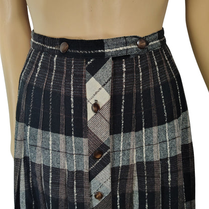 1960s Pleated Brown Plaid Reversible Button Up A Line Skirt Size XS [Vintage]