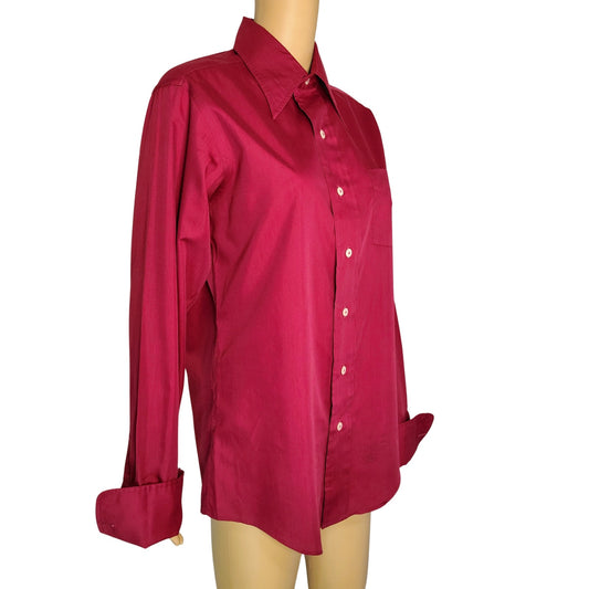 1970s Burgundy Wine Button Up Long Sleeve Folded Wrist Cuffs Dress Shirt Size 15 [Vintage}