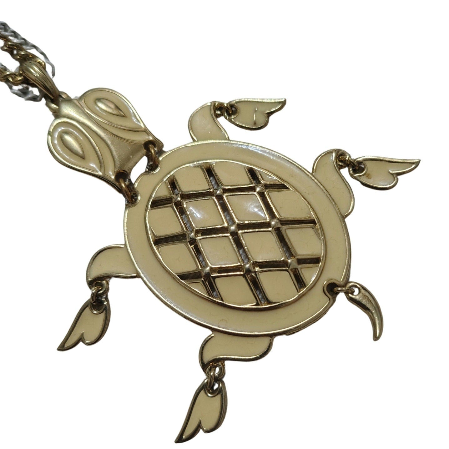 1970s Mod Asian Articulated Tortoise Moveable Pendant Turtle Chain Link Necklace [Vintage]