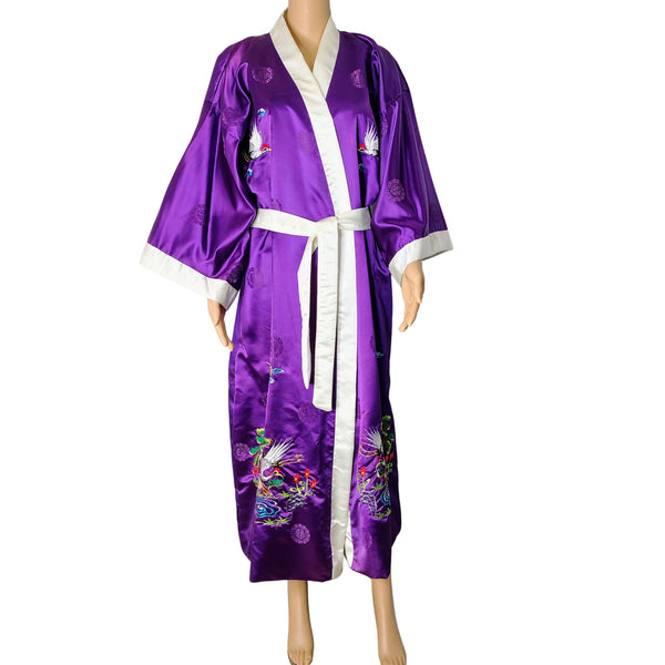 1980s Japanese Rich Royal Purple Kimono Embroidered Crane White Trim One Size [Vintage]