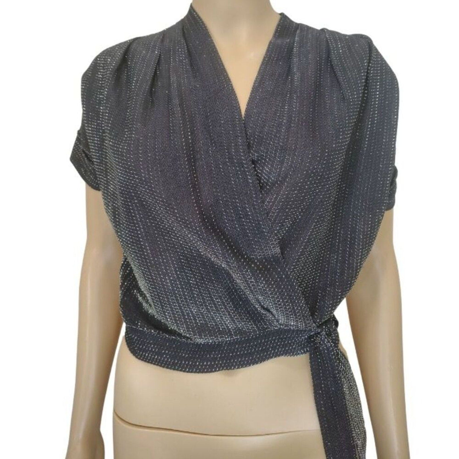 70s Cropped Black Silver Metallic Thread Short Sleeve V Neck Top Size Small [Vintage]