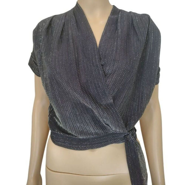 70s Cropped Black Silver Metallic Thread Short Sleeve V Neck Top Size Small [Vintage]