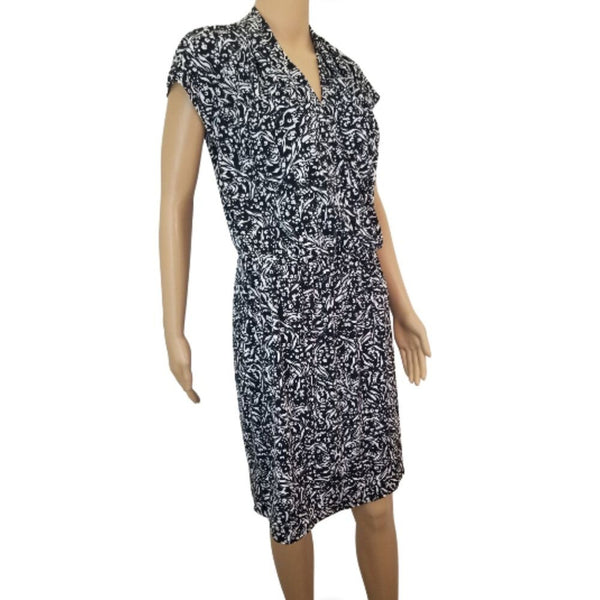 Black Midi H Halston V Neck Short Sleeve Stretch Elastic Waist Dress Size Small