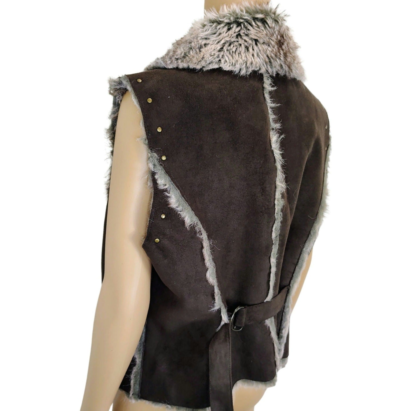 Faux Fur Mocha Brown Vegan Leather Lined Patchwork Studded Vest Size Large