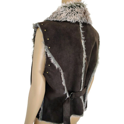 Faux Fur Mocha Brown Vegan Leather Lined Patchwork Studded Vest Size Large