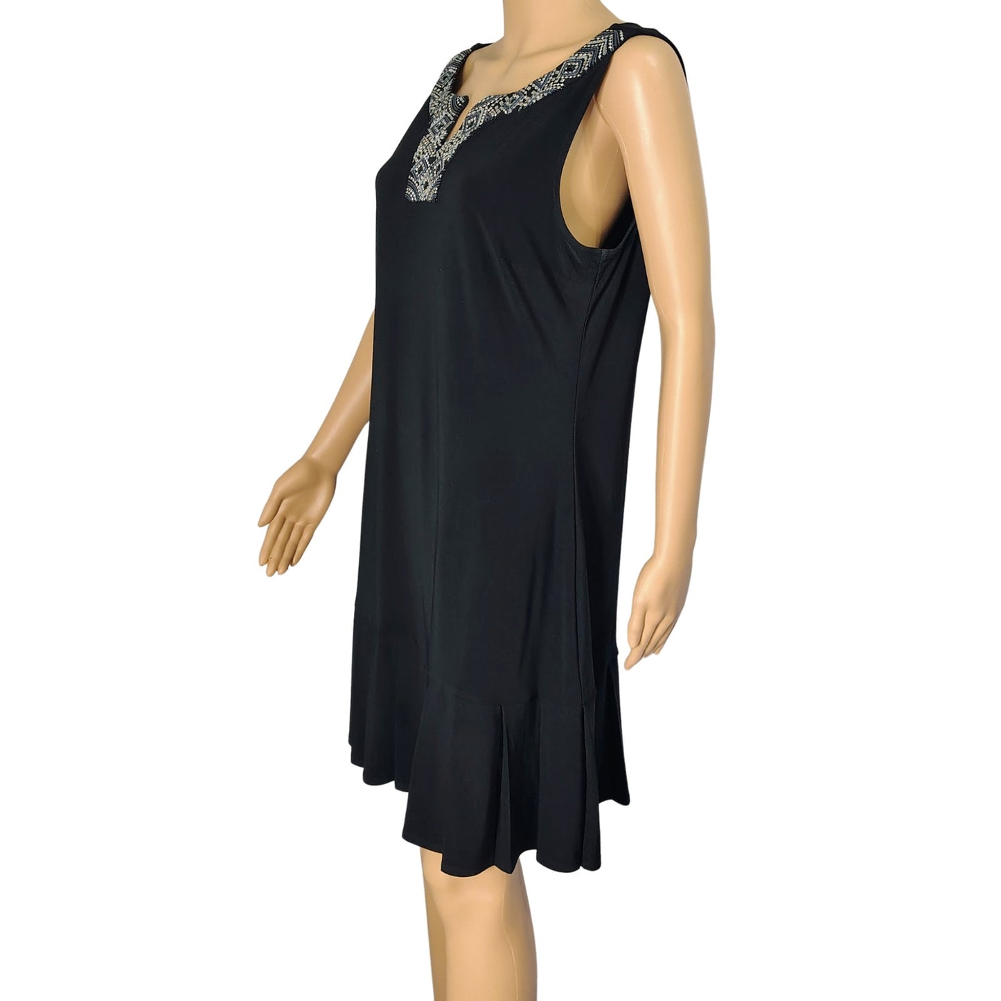 Black  Metallic Embellished VNeck Flapper Inspired Pleat Hem Drop Waist Dress