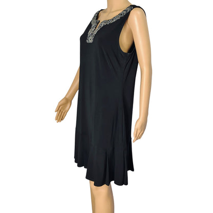 Black  Metallic Embellished VNeck Flapper Inspired Pleat Hem Drop Waist Dress