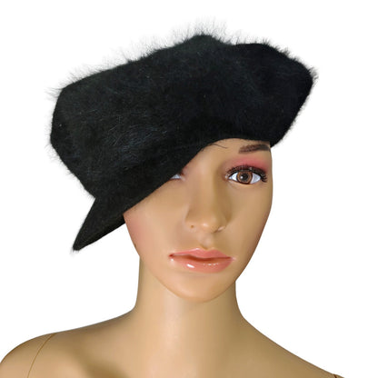 1990s Black Page Boy Cap Liz Claiborne Wool Rabbit Fur Blend Hat Small [Vintage]