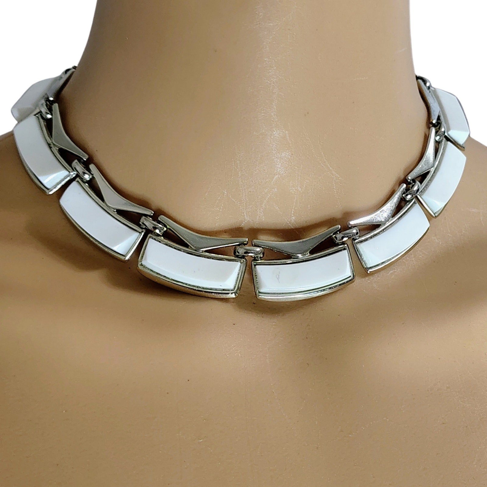 Monet Thermoset White Plastic Rectangular Links Set in Silver Tone [Vintage]