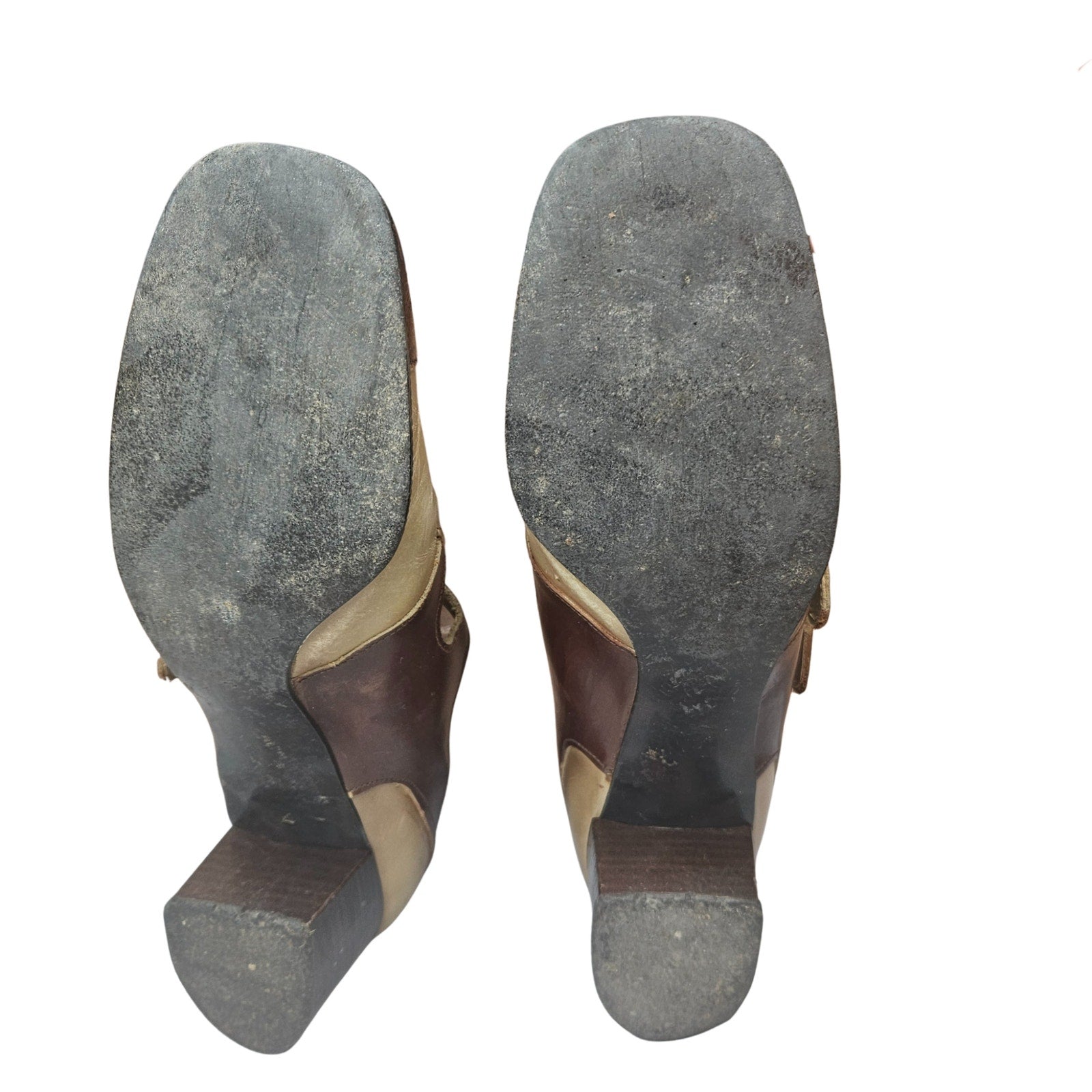 1930s Two-Tone Double-Strap Leather Mary Jane Round Closed Toe Block Heel Shoes [Antique]