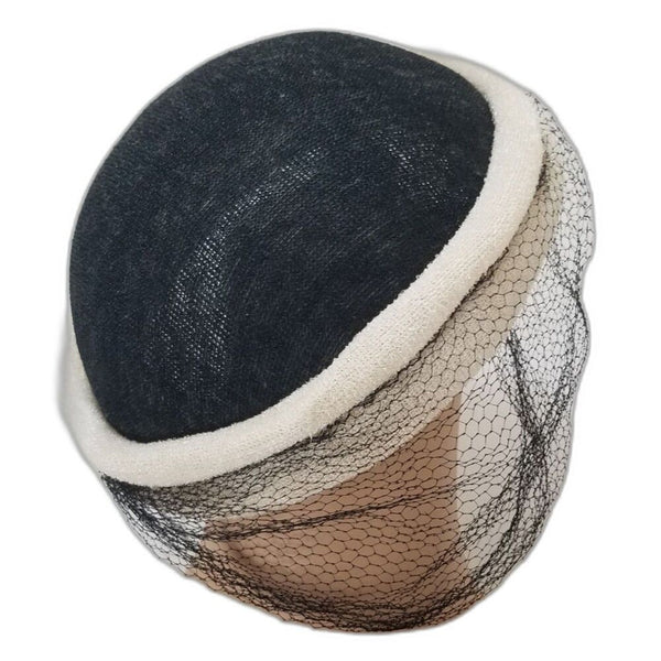 1950s Veiled Black Hat Cream Trim Round Top Cocktail Hat Size 7 1/2 [Vintage]