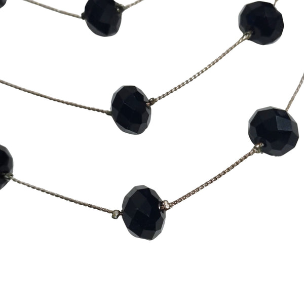 Black Glass Layered Floating Beads Vintage Necklace Silver Tone Mini Chain Link