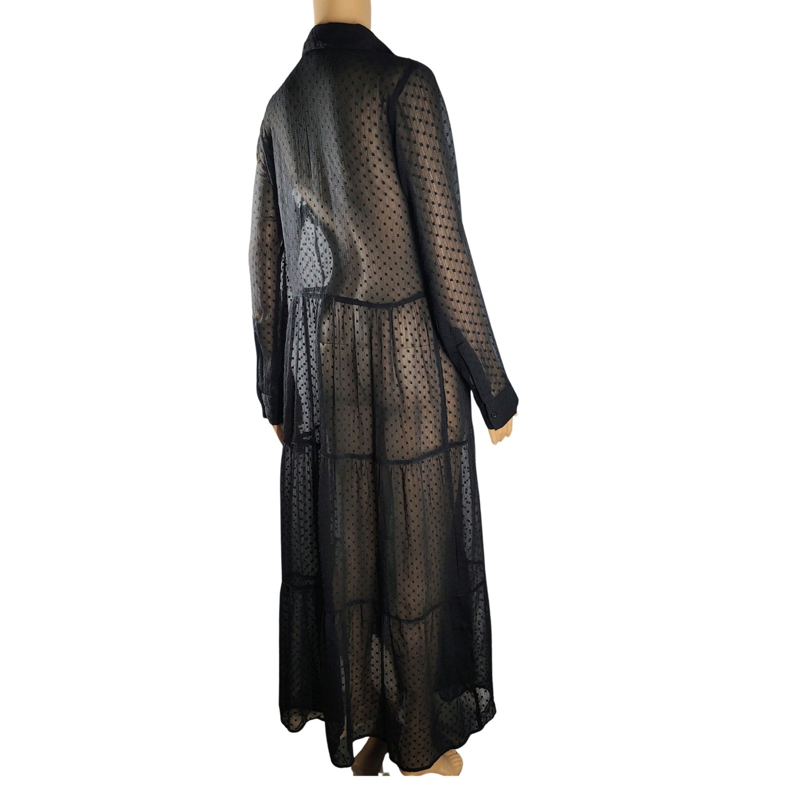 VENUS Black Sheer Polka Dots Button Up Flare Maxi Fold Down Collar Dress Size 8