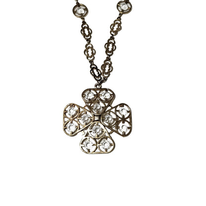 70s Cross Pendant Faceted Stone Metal Framework Ornate Interconnected Chain link