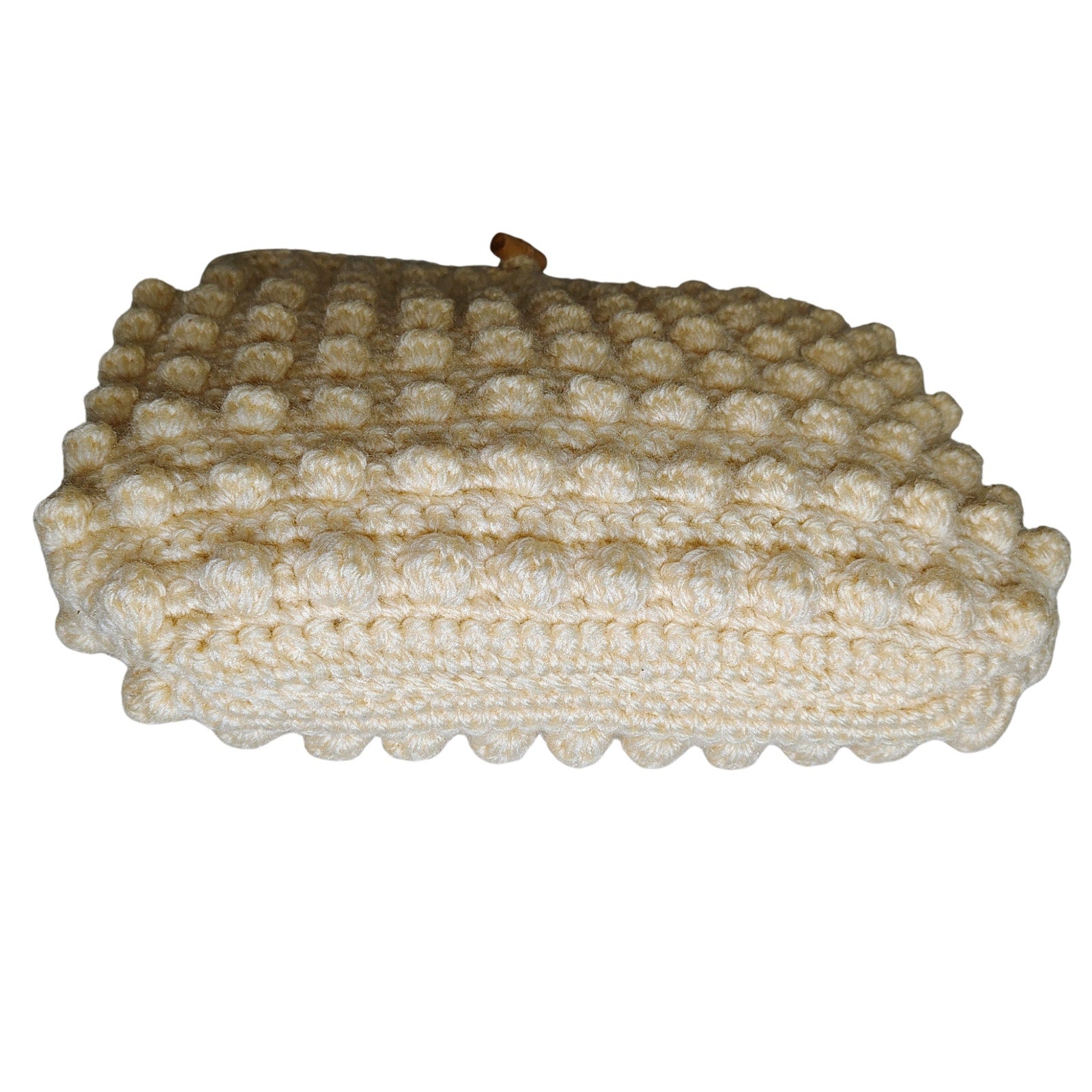 60s Crochet Cord Popcorn Pattern Beige Hand Bag Maxi Clutch Wooden Toggle Purse [Vintage]
