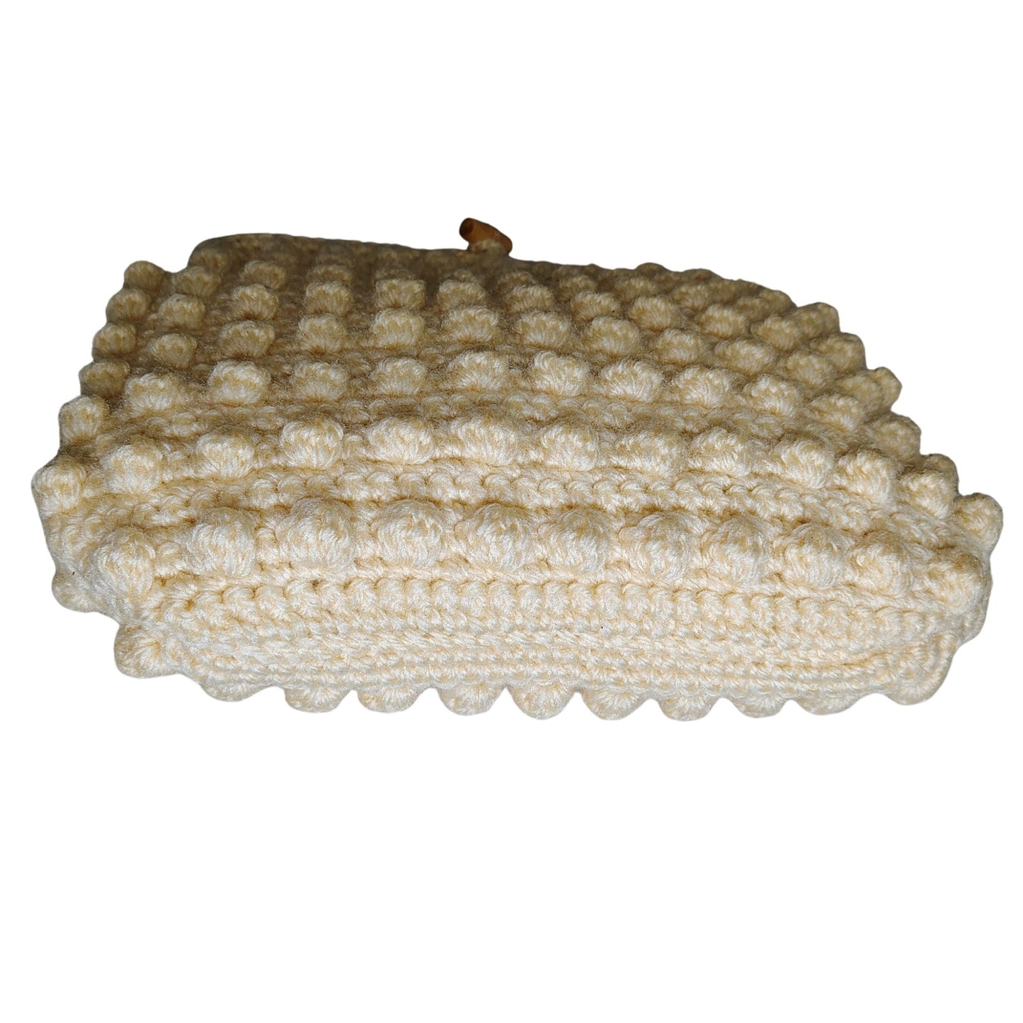 60s Crochet Cord Popcorn Pattern Beige Hand Bag Maxi Clutch Wooden Toggle Purse [Vintage]