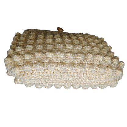 60s Crochet Cord Popcorn Pattern Beige Hand Bag Maxi Clutch Wooden Toggle Purse [Vintage]