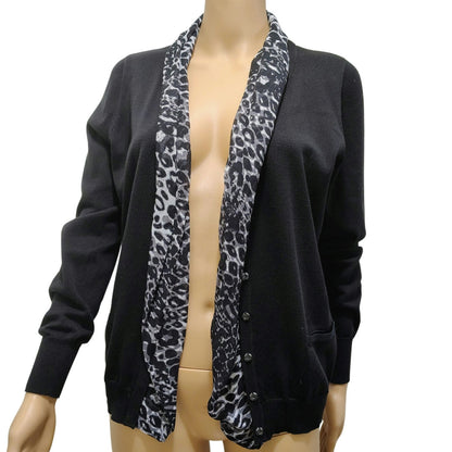Tahari Black Cardigan Button Up Sweater Gray Leopard Print Trim Size Med Petite