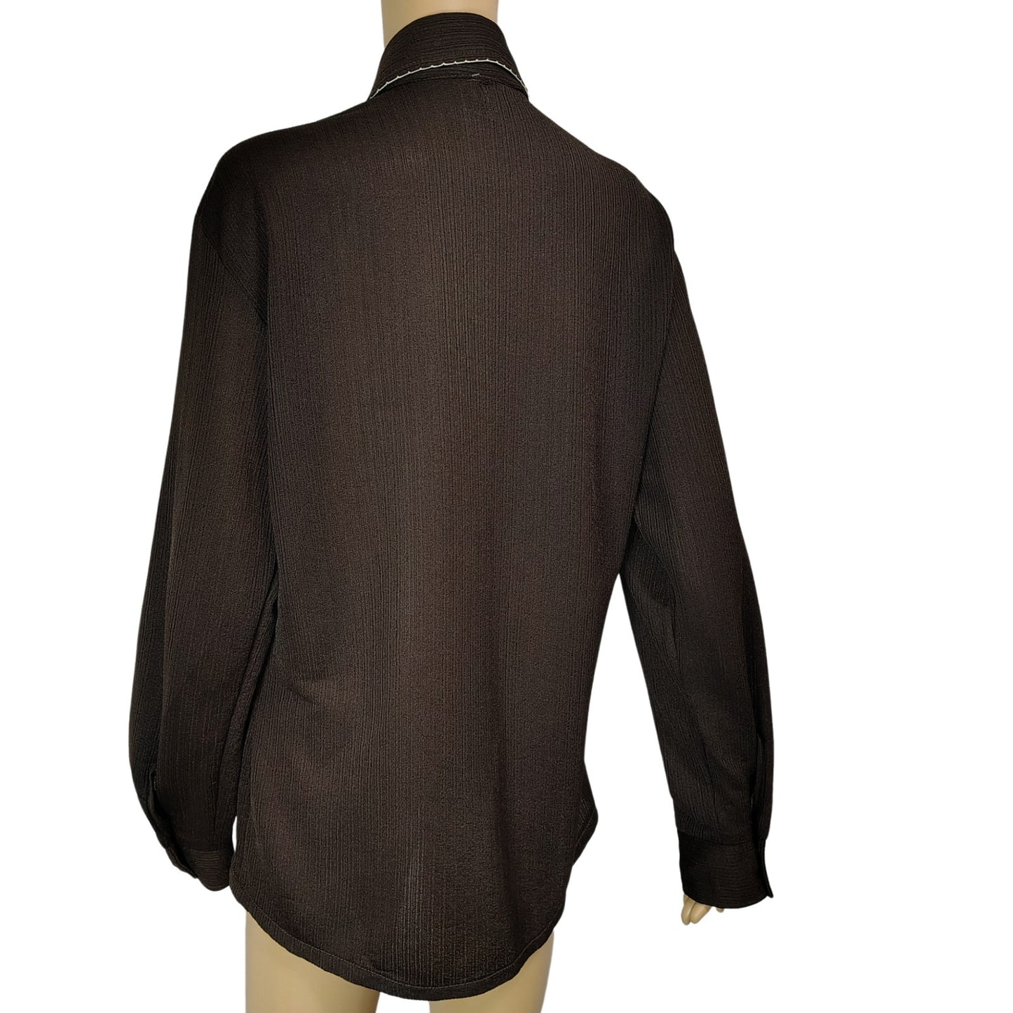 1970s Brown White Embroidered Wingtip Disco Collar Button Up Shirt Size 15 [Vintage]