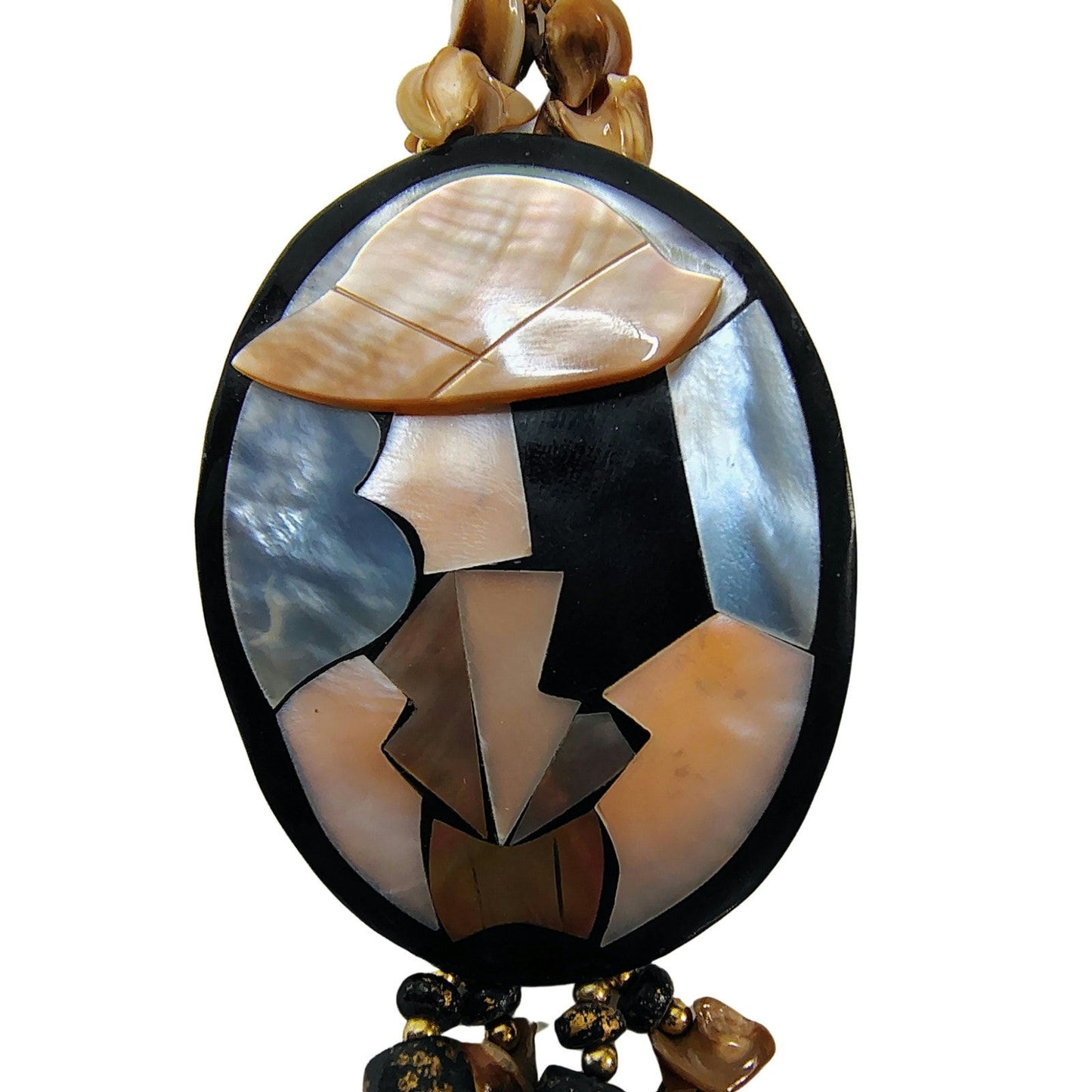 Vintage Layered Lacquered Shell Cameo Black Pink Beaded Statement Necklace