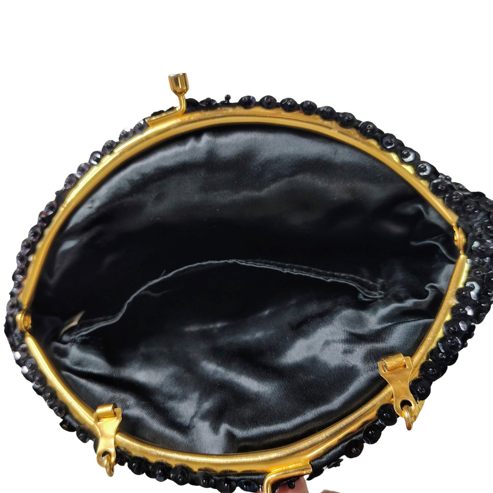 1960s Black Beaded Evening Bag Kiss Closure Handbag Gold Metal Top Handle Purse [Vintage]