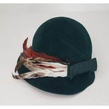 1960s Green Frank Olive Wool Hat Long Feathers Hat Band and Double Bow [VINTAGE]