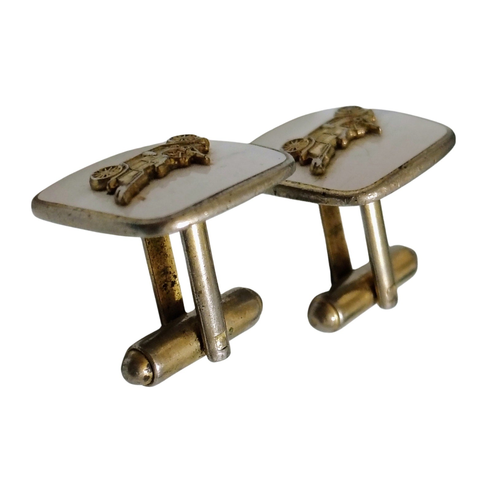 1950s White Enamel Cufflinks with Gold Metal Roadster Gently Used Set of Two