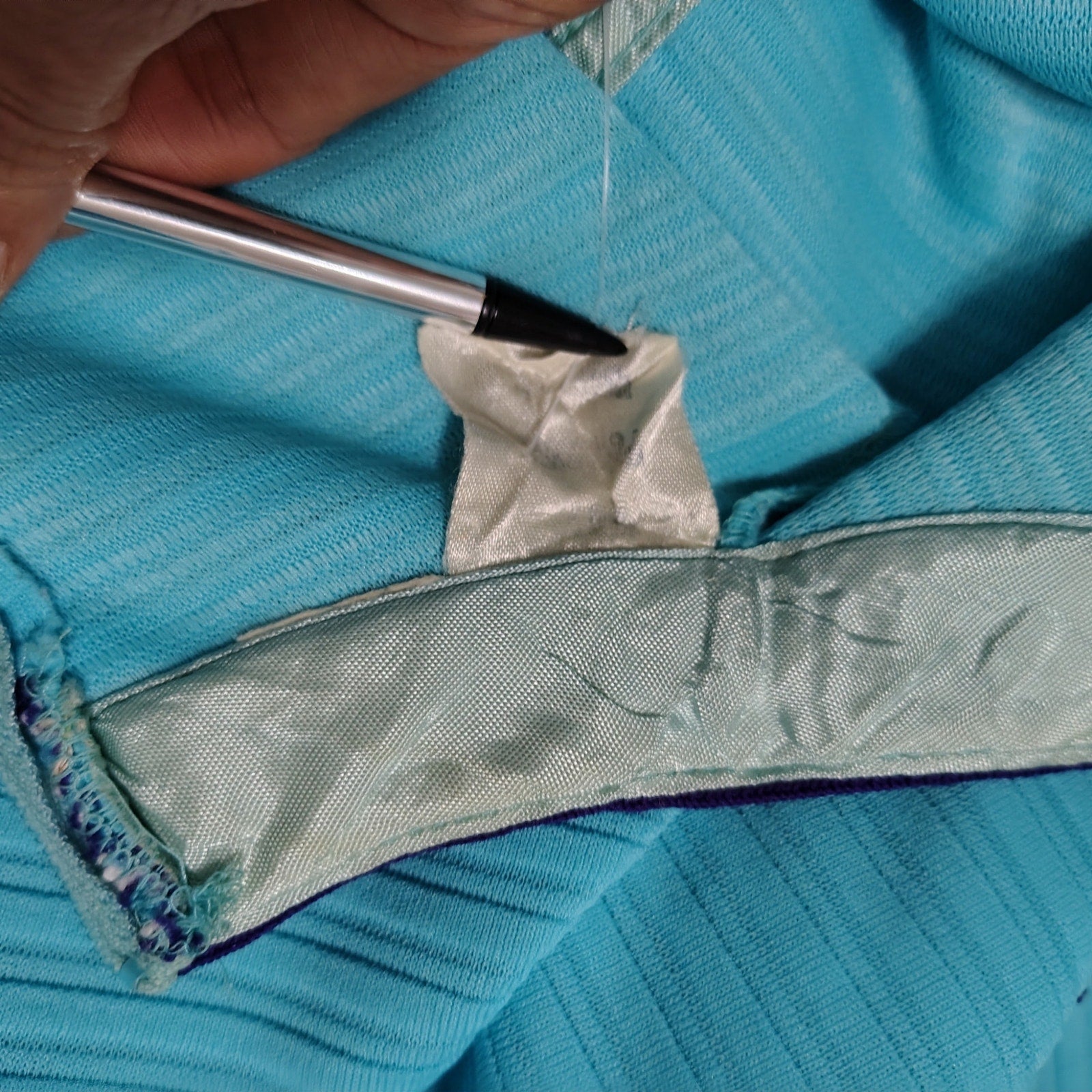 1970s Supreme Turquoise Blue Striped Texture Sleeveless High Neck Dress Size Medium [Vintage]