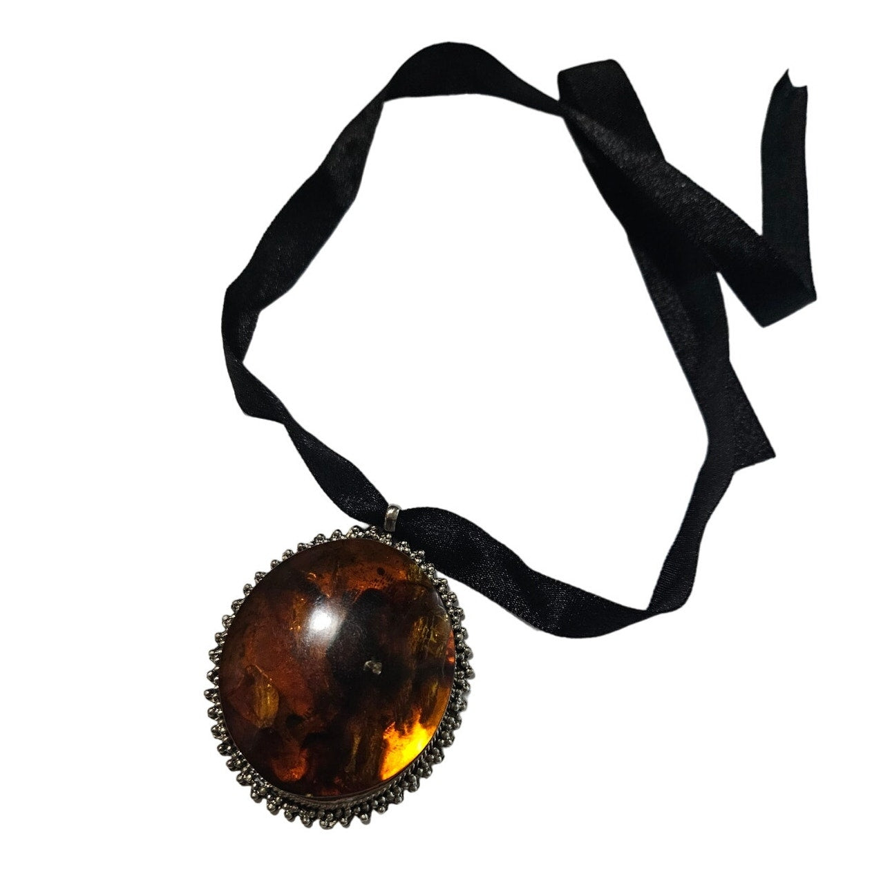 Vintage Huge Round Amber in Silver Tone Metal Pendant on Black Ribbon Necklace