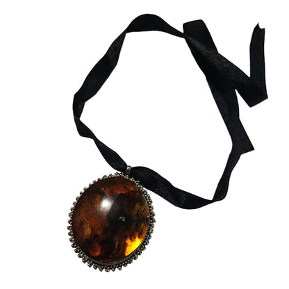 Vintage Huge Round Amber in Silver Tone Metal Pendant on Black Ribbon Necklace