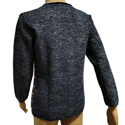 1960s Striped Blue Wool Button Up Cardigan Crewneck Long Sleeve Cardigan Size 12