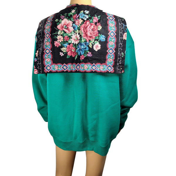 1990s Upcycled Floral Green Fleece Sweatshirt Open Front Cardigan Size XXL Women