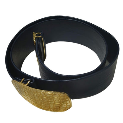 Wide Blue Leather Belt Gold Crocodile Print Huge Belt Buckle Hook Closure OS