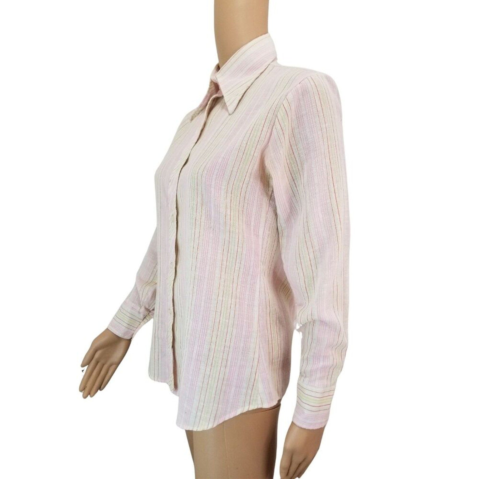 50s Vintage Wing Tip Collar Button Up Shirt Pink Cream Green Stripe Size 9/10 [Vintage]