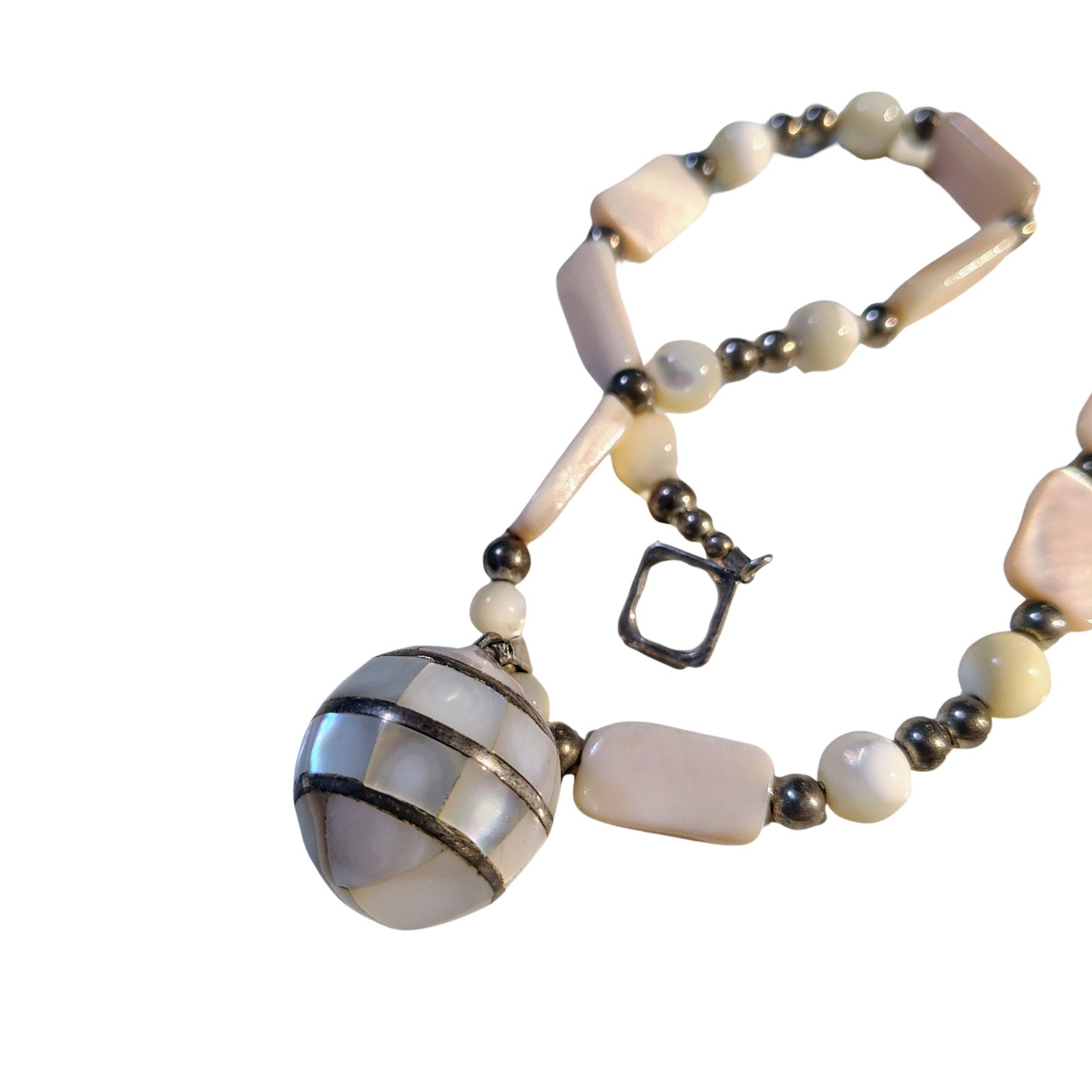 Sterling Silver Pink Mother Pearl Chime Ball Pendant Beaded Necklace [Vintage]