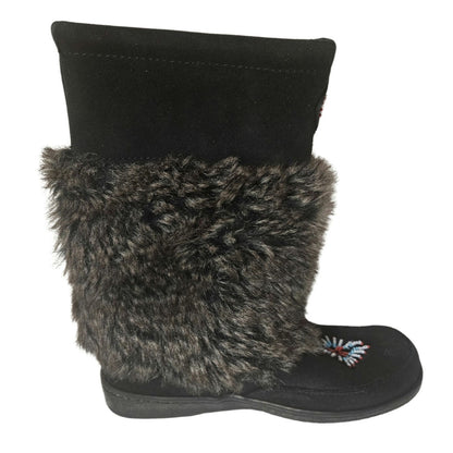 Minnetonka Mukluk Bead Detail Black Genuine Suede Leather Faux Fur Size 7 Womens