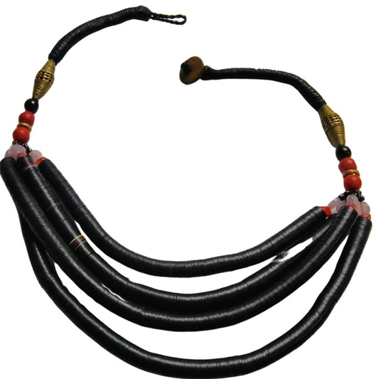 Vintage African Bohemian Boho Shell Beaded Statement Necklace Black Purple Red