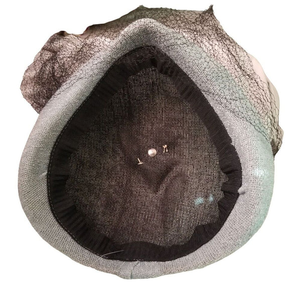 1940s Pointed Blue Hat with Long Black Veil Turned Up Brim Size 7 1/2 [VINTAGE]