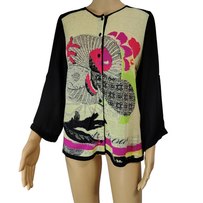 aldomartins Slightly Sheer Abstract Art Contrasted By Black Sheer Sleeves Size M