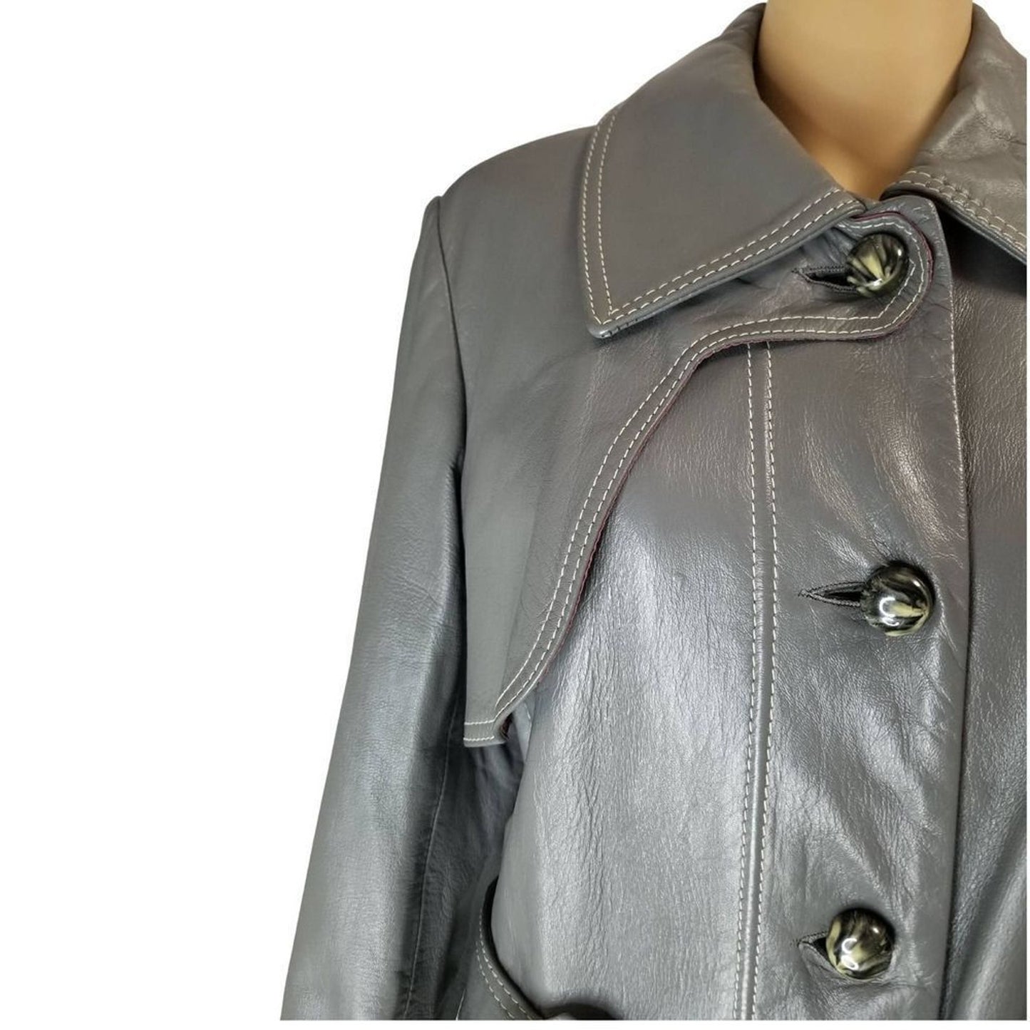 1970s Gray Belted Long Leather Trench Coat Collar Big Pockets Size Med Vintage