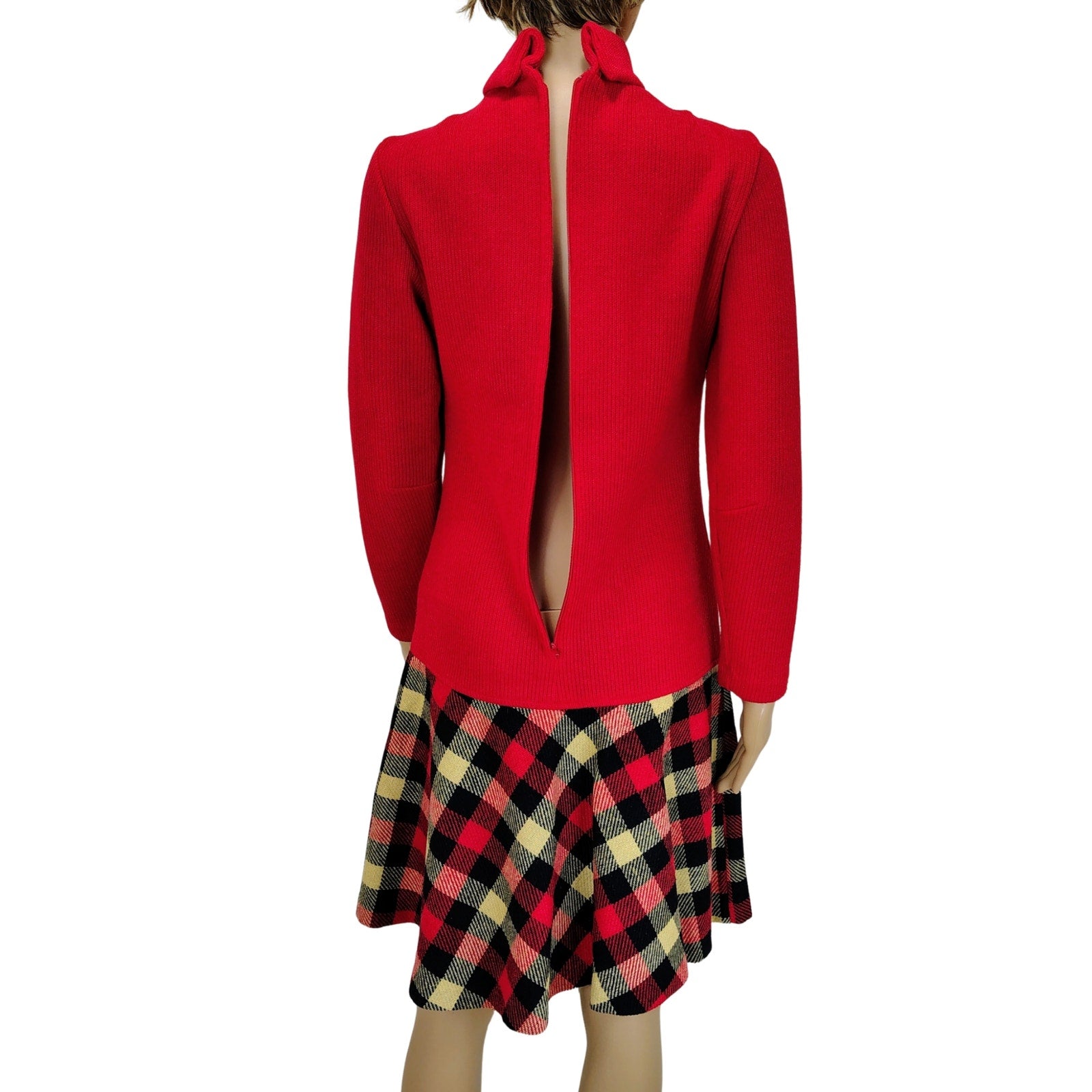 1960s Mod Wool Blend Drop Waist Plaid Skirt Dress Belted Long Sleeve Size 8 Regular [Vintage]