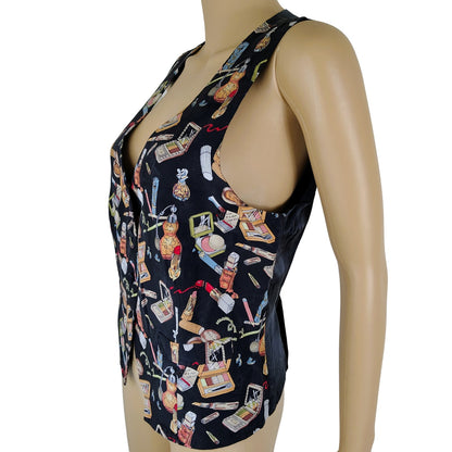 90s 100% Silk Nicole Miller Quirky Makeup Design Adjustable Vest Size Large [Vintage]