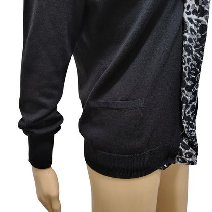 Tahari Black Cardigan Button Up Sweater Gray Leopard Print Trim Size Med Petite