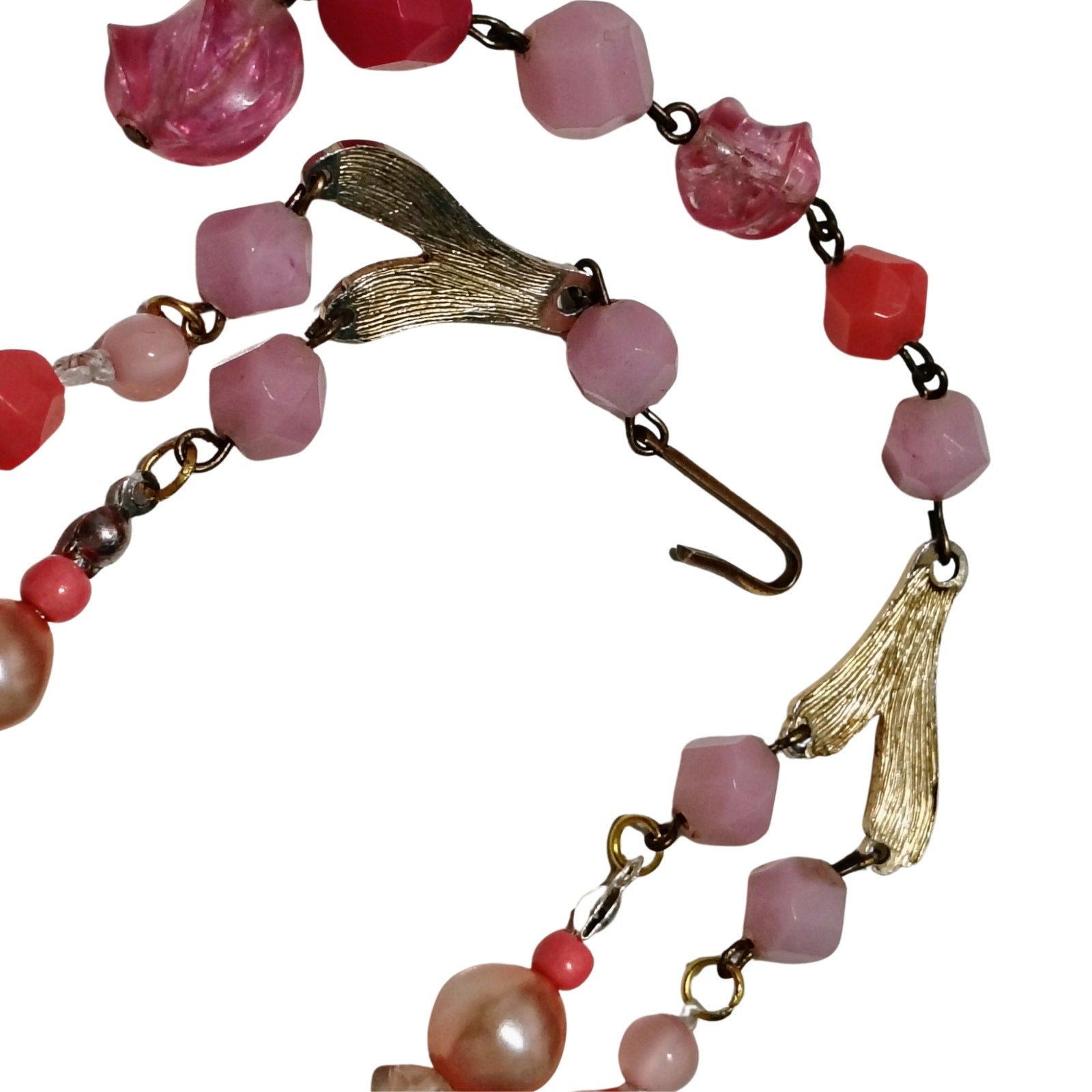 1950s Pink Translucent Plastic Double Layered Gold Tone Statement Necklace [Vintage]