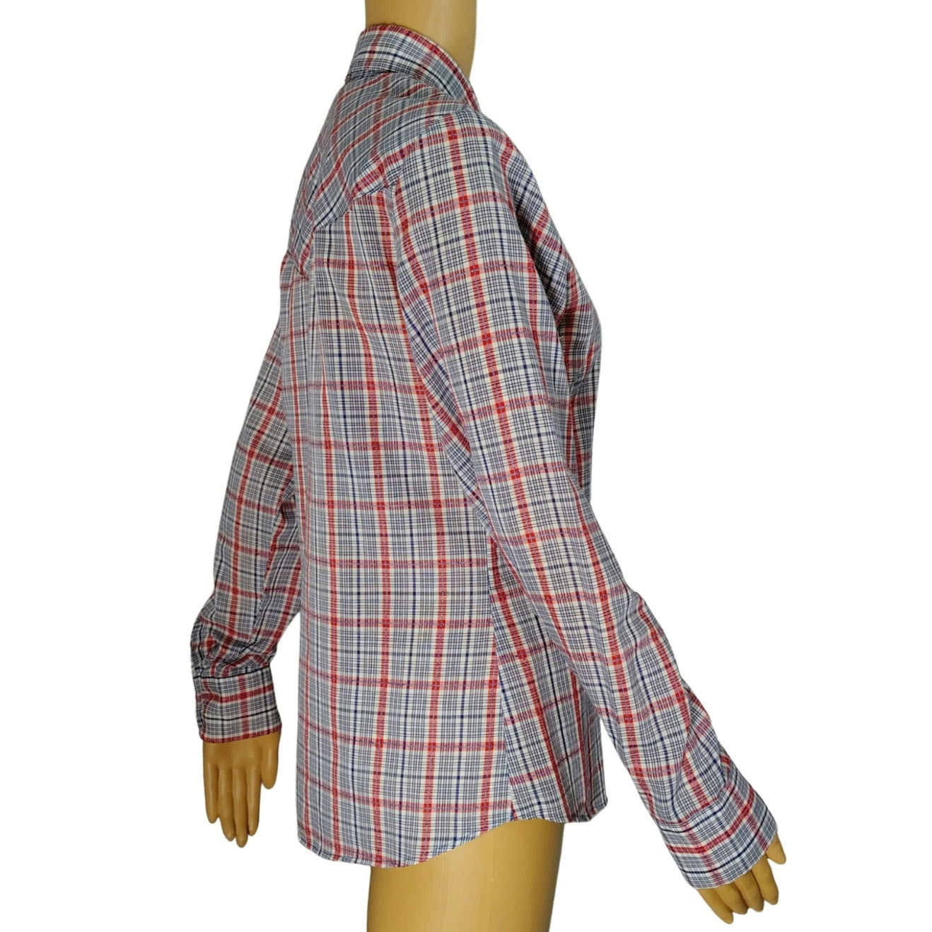 60s Blue Red Levis Western Cowgirl Button Up Shirt Pearl Snap Button Size Small [Vintage]