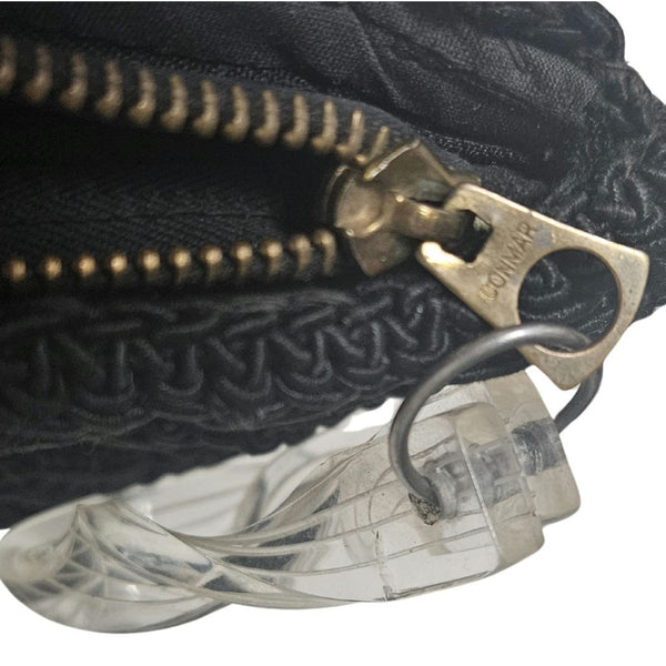 1940s Maxi Clutch Bag Large Black Crocheted Cord Vintage Lucite Toggle by Conmar