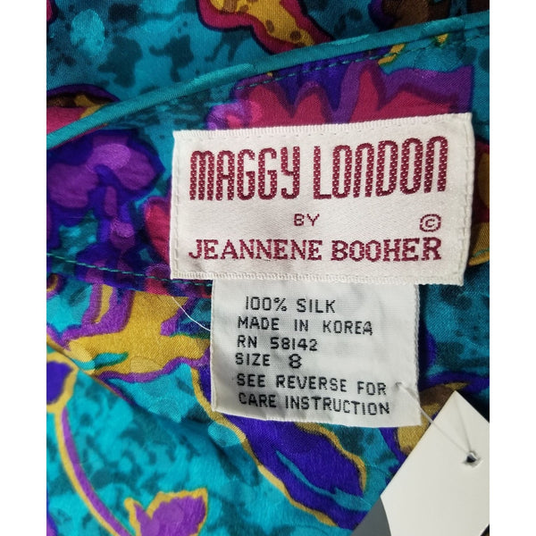 Blue Floral Print Pleated Bodycon Silk Dress Long Sleeve Shoulder Pads Size 8