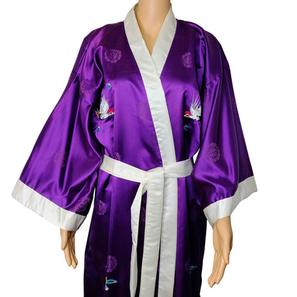 1980s Japanese Rich Royal Purple Kimono Embroidered Crane White Trim One Size [Vintage]